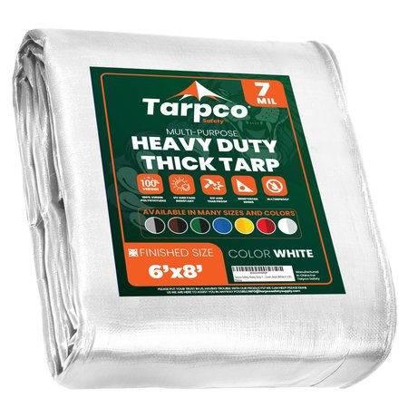 Tarpco Safety 8 ft L x 0.5 mm H x 6 ft W Heavy Duty 7 Mil Tarp, White, Polyethylene TS-204-6X8